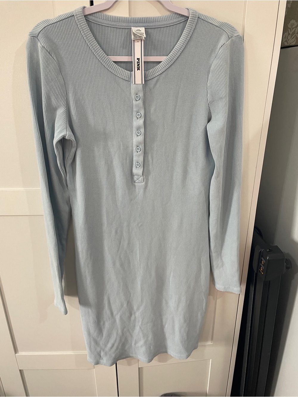 NWT Victoria's Secret PINK Light Blue Ribbed Henley Long Sleeve Dress Sz L